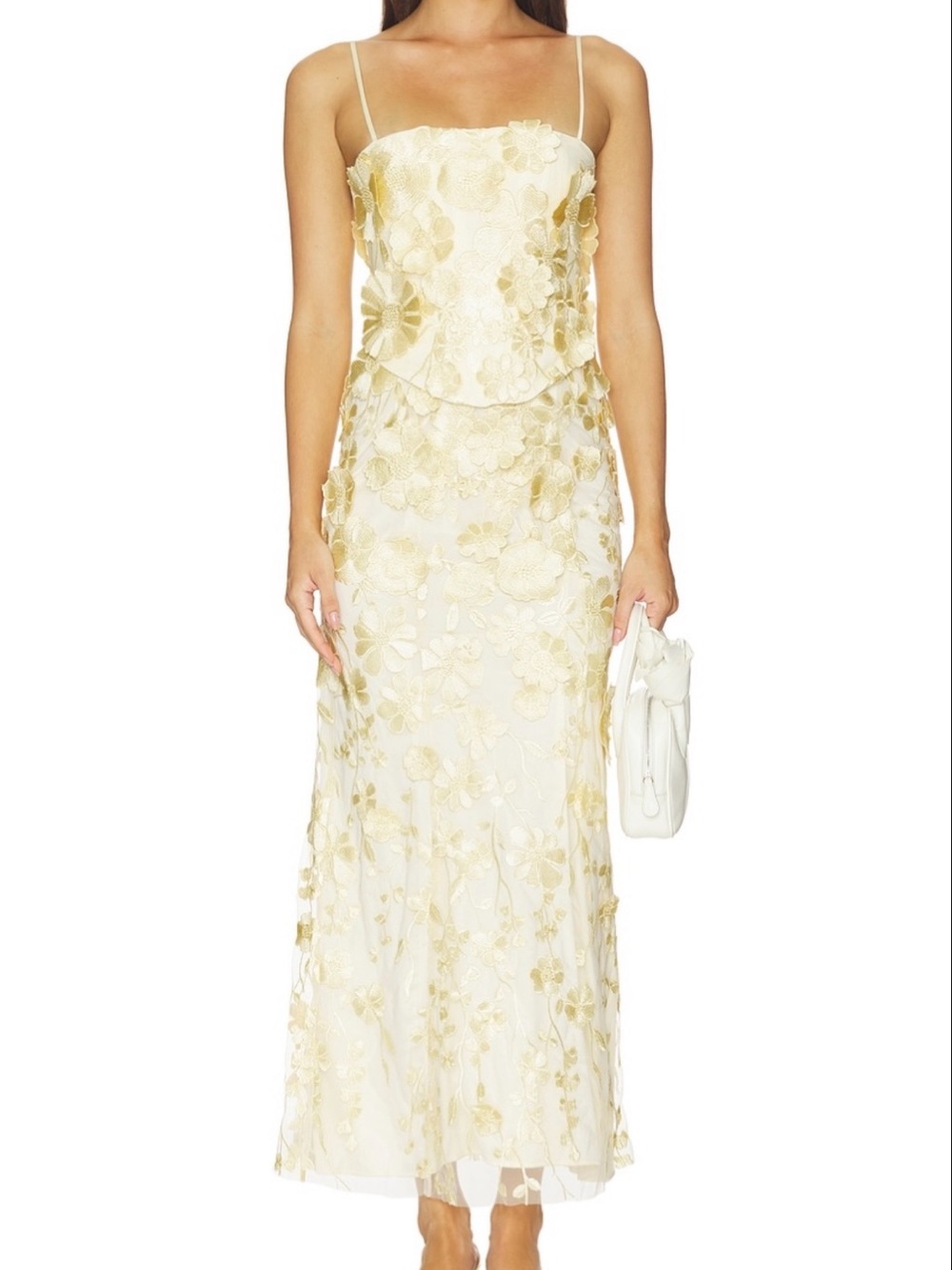 Lovers + Friends Cream and Gold Floral Midi Dress